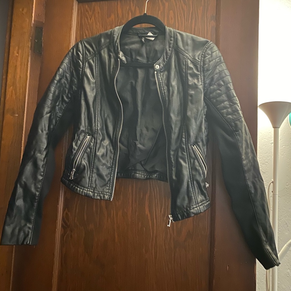 Cropped faux leather moto jacket. Size 2.